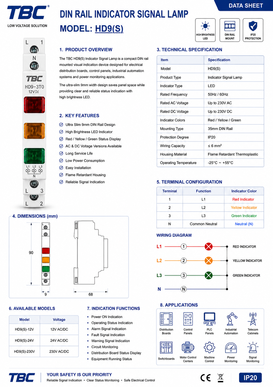 TBC DIN Rail Indicator Signal Lamp HD9(S)