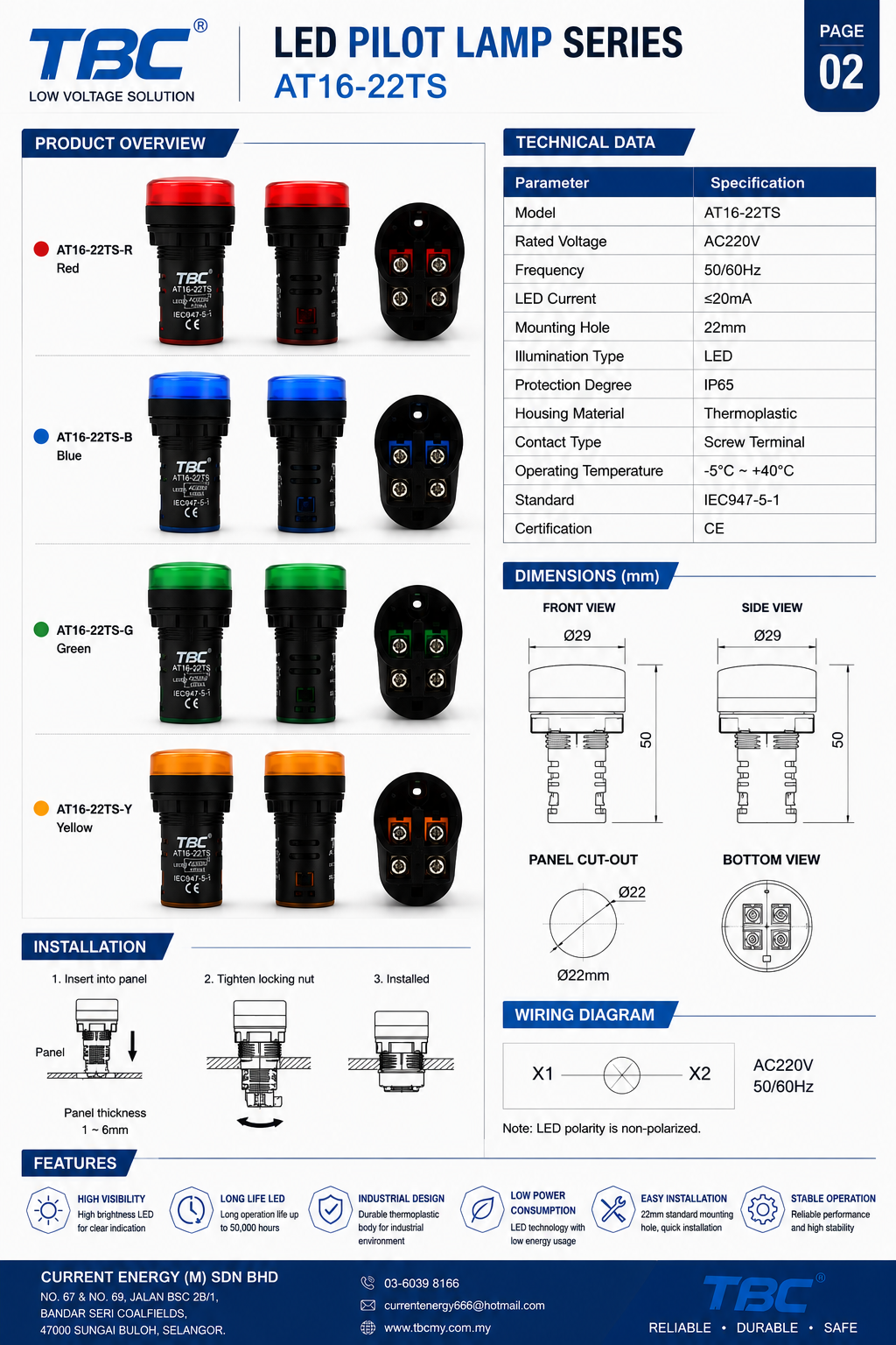 LED Pilot Lamp Indicator AT16-22TS Series