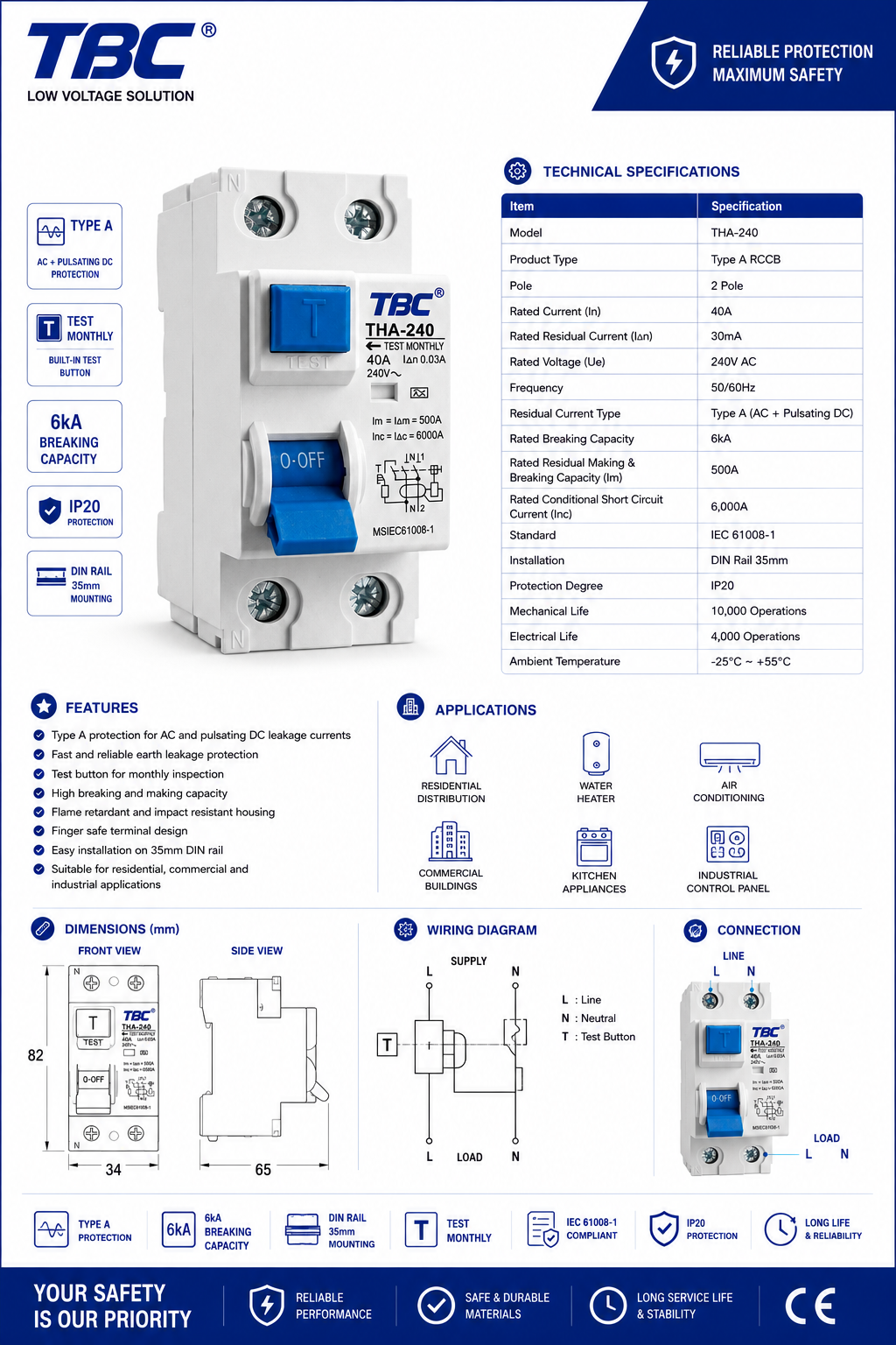 TBC THA-240 Type A Residual Current Circuit Breaker (RCCB) 2P 40A 30mA