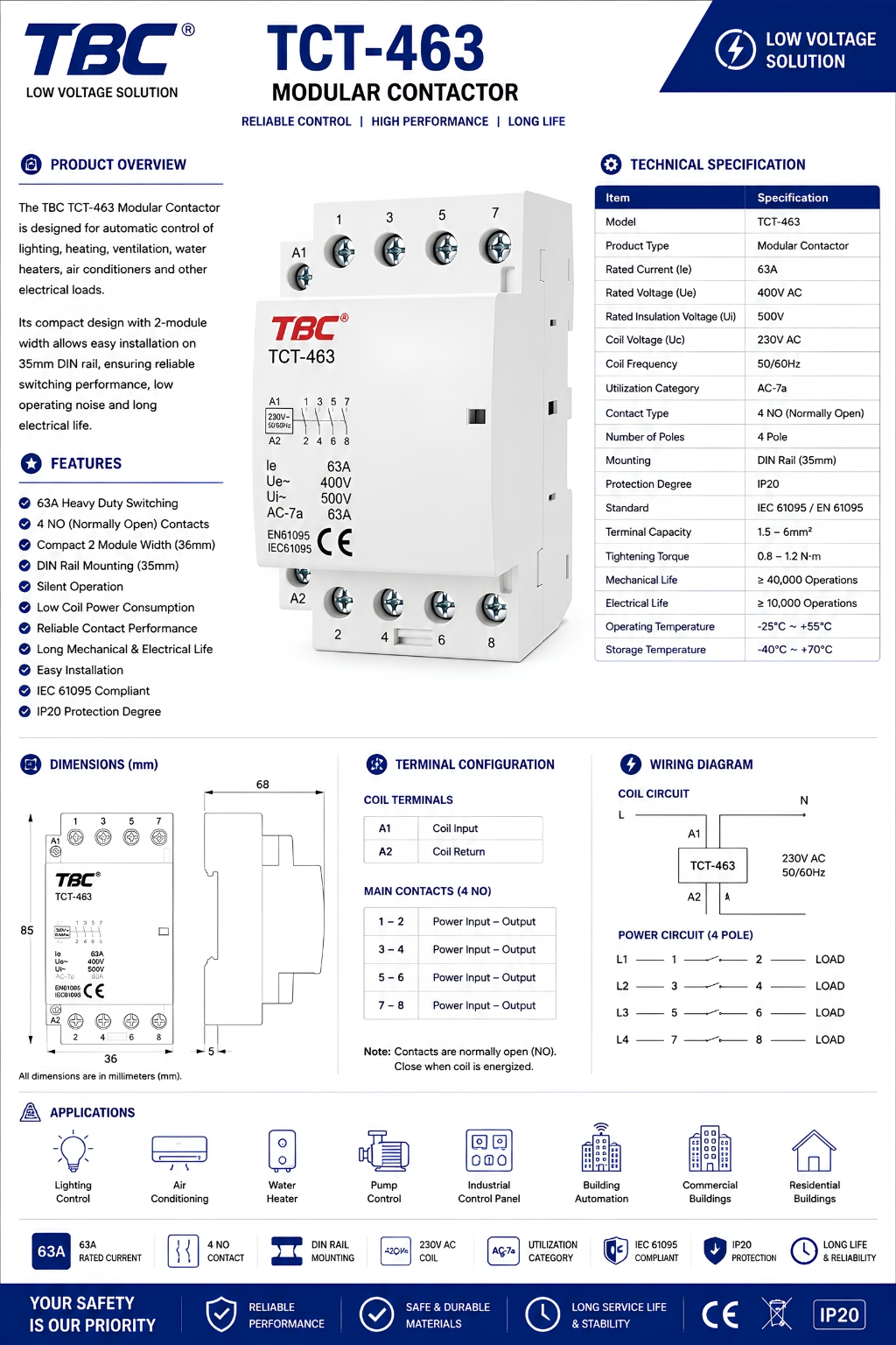 TBC TCT-463 Modular Contactor 4-Pole 63A 400V AC