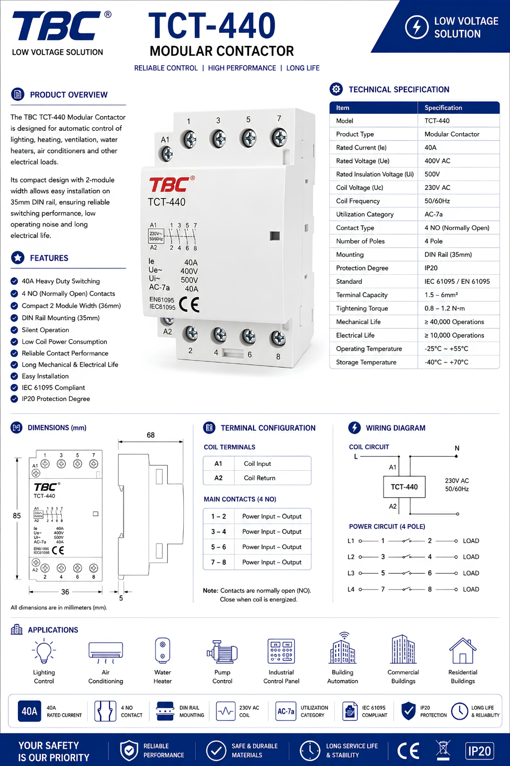 TBC TCT-440 4-Pole Modular AC Contactor 40A 400V