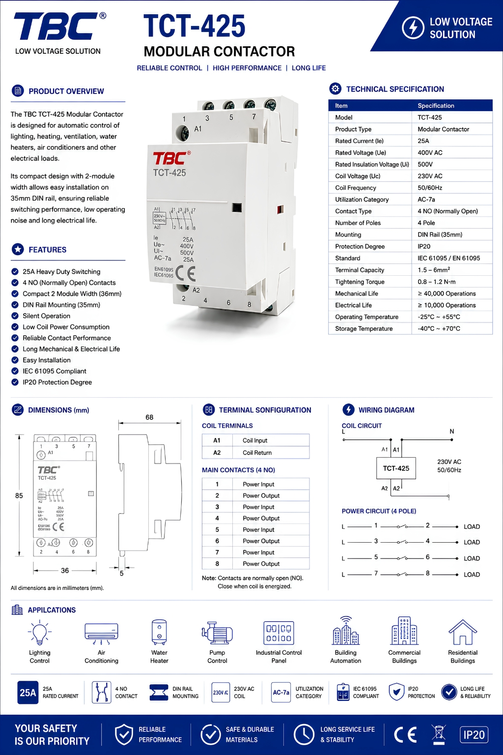 TBC TCT-425 4-Pole Modular AC Contactor 25A 230V Coil
