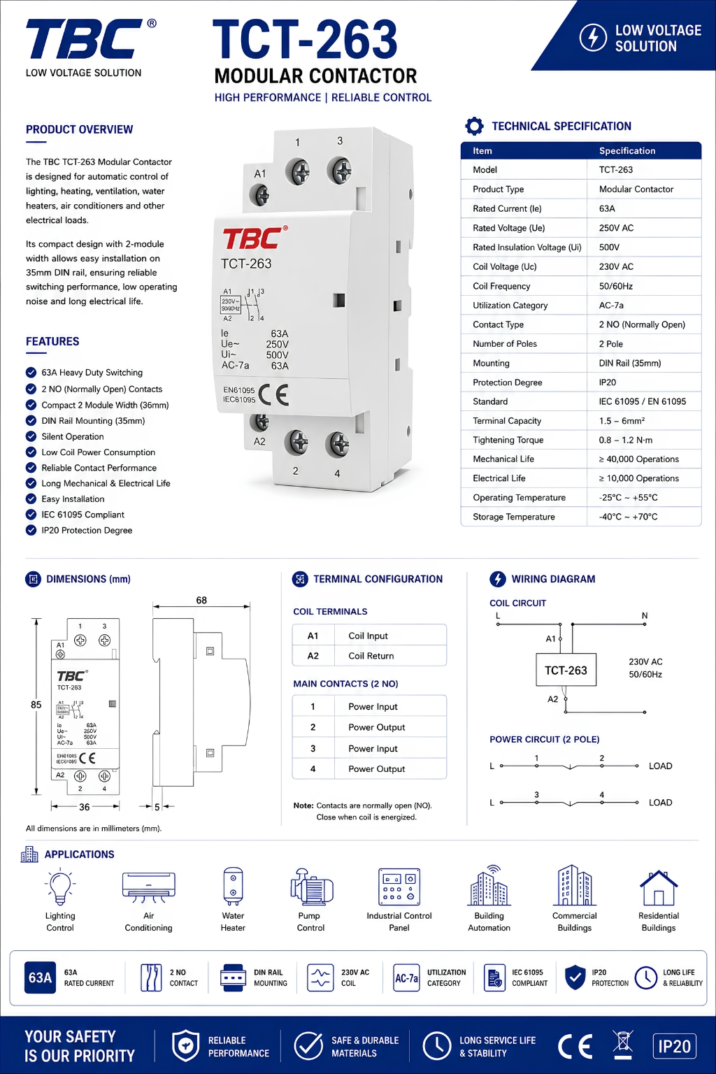 TBC TCT-263 Modular Contactor 63A 2 Pole 230V AC Coil