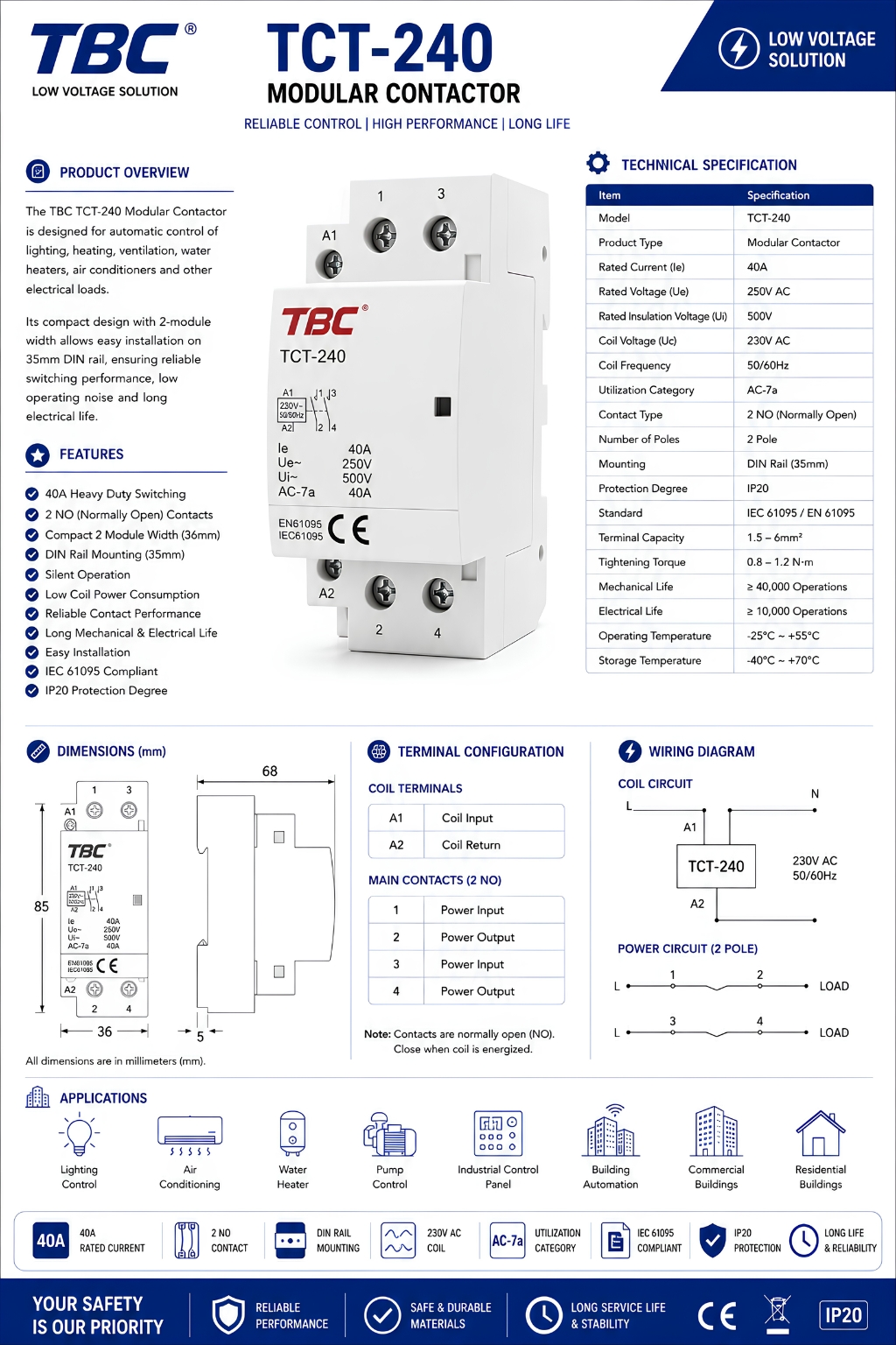 TBC TCT-240 Modular Contactor 40A 2 Pole 230V AC