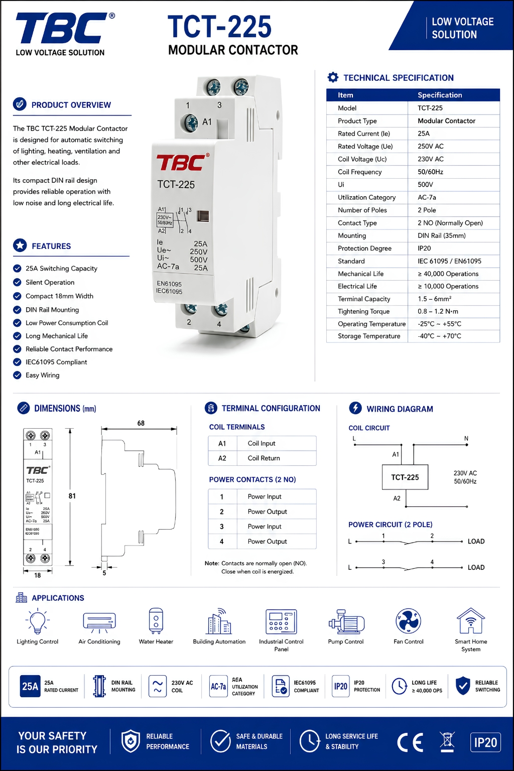 TBC TCT-225 Modular Contactor 2 Pole 25A 230V AC