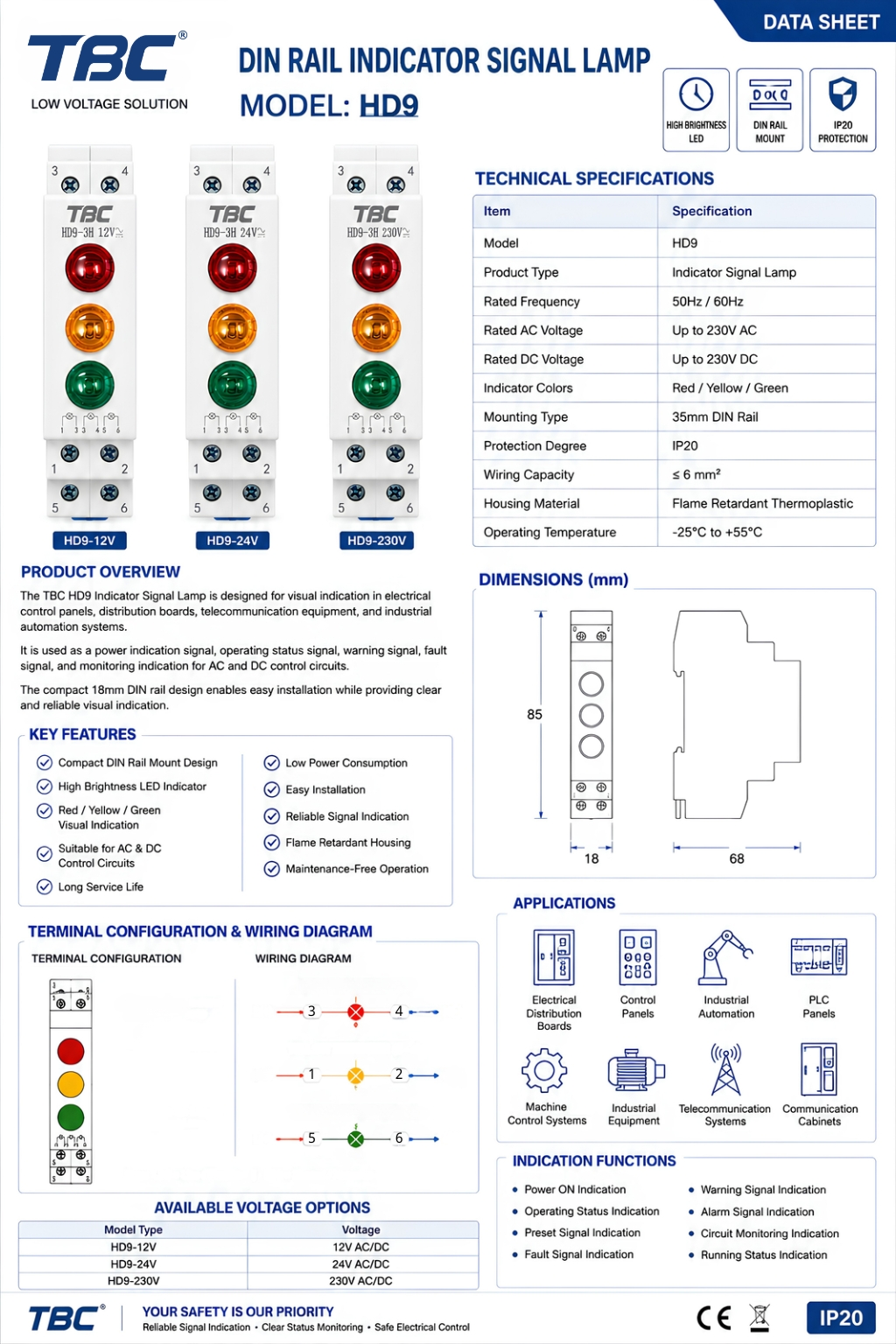 TBC DIN Rail Indicator Signal Round Lamp HD9 (R) Series