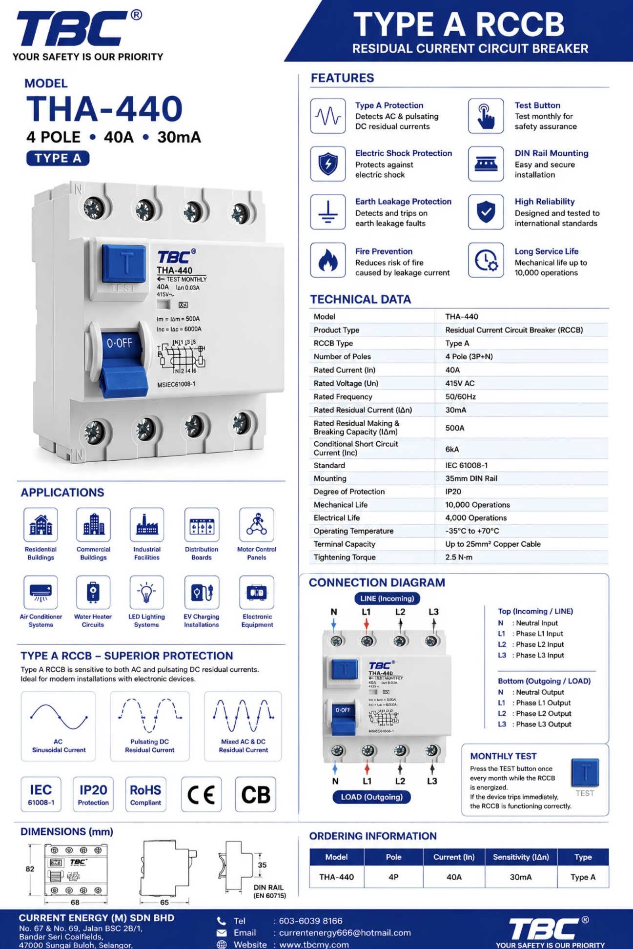 THA-440 4P 40A 30mA Type A Residual Current Circuit Breaker (RCCB)