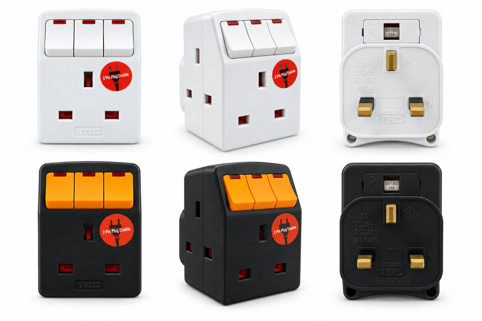 TBC 938SL 13A 3-Way Switched Socket Adaptor
