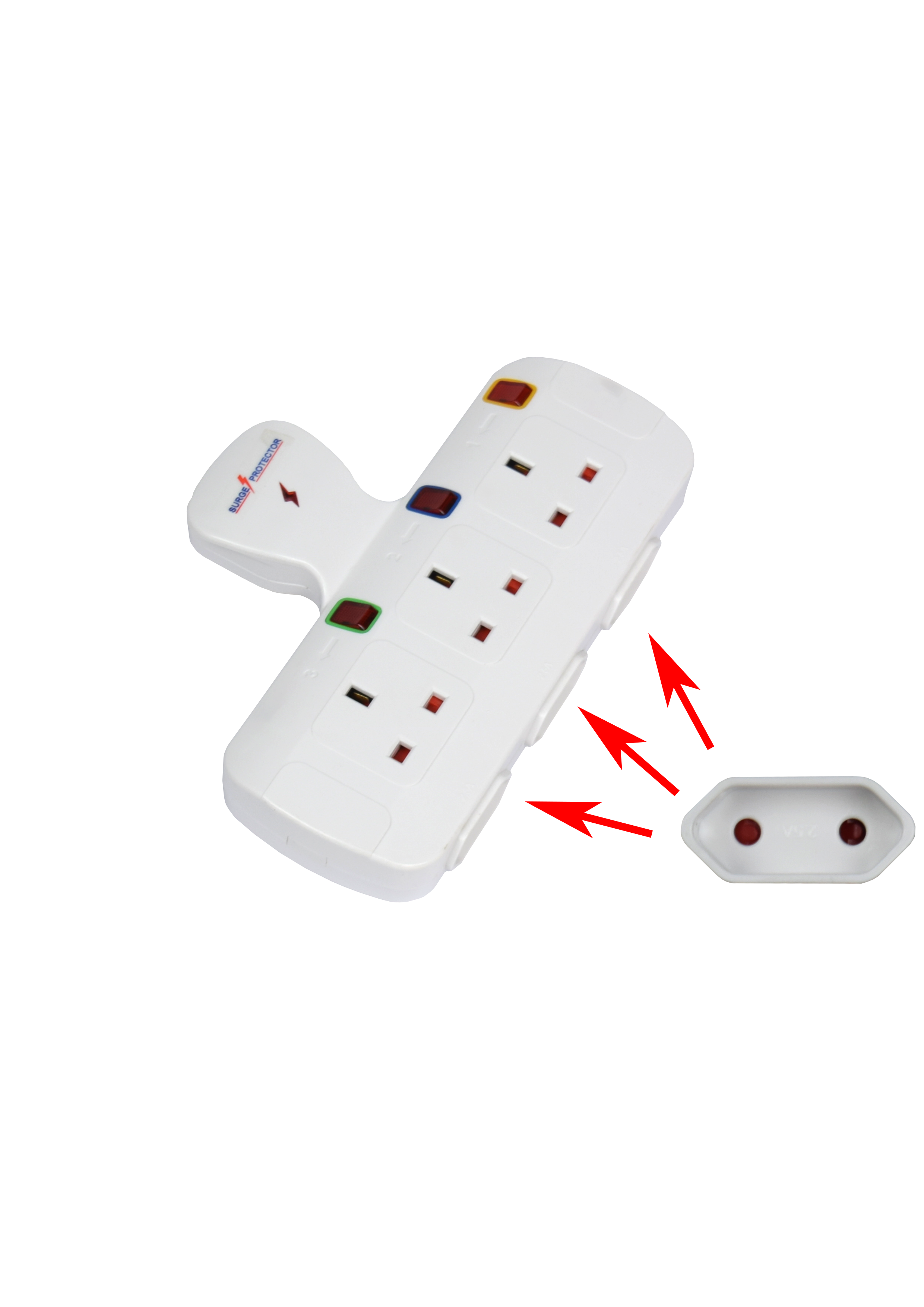 TBC EUT03S 3-Way Socket Adaptor with Surge Protection (3 × 13A + 3 × 2-Pin Round Outlets)