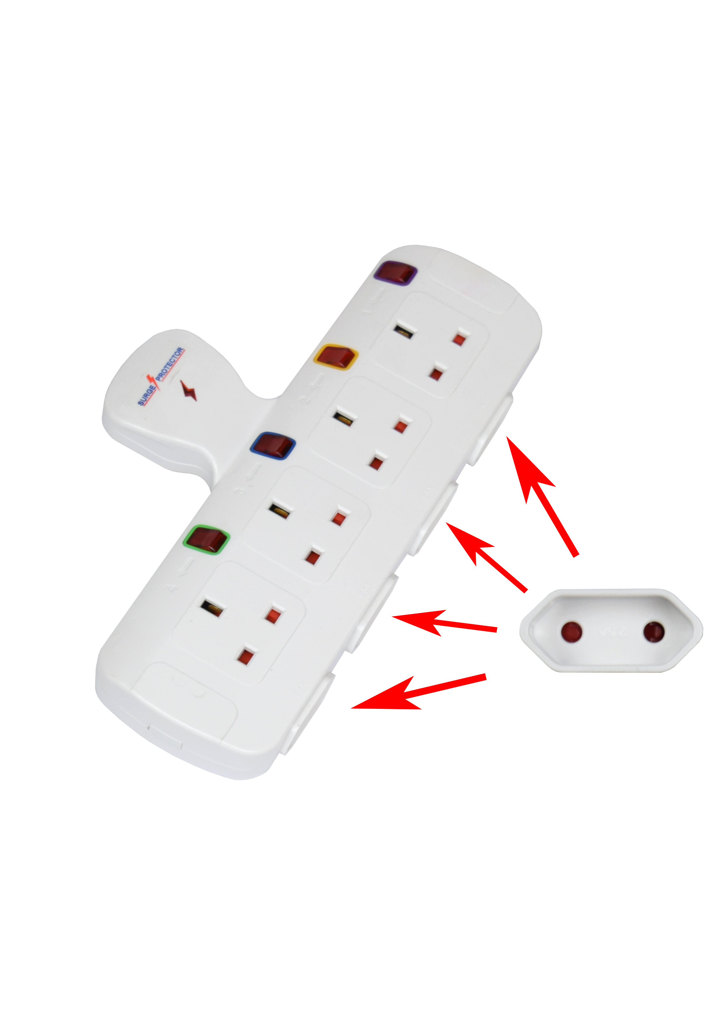 TBC EUT04S 4-Way Socket Adaptor with Surge Protection (4 × 13A + 4 × 2-Pin Round Outlets)