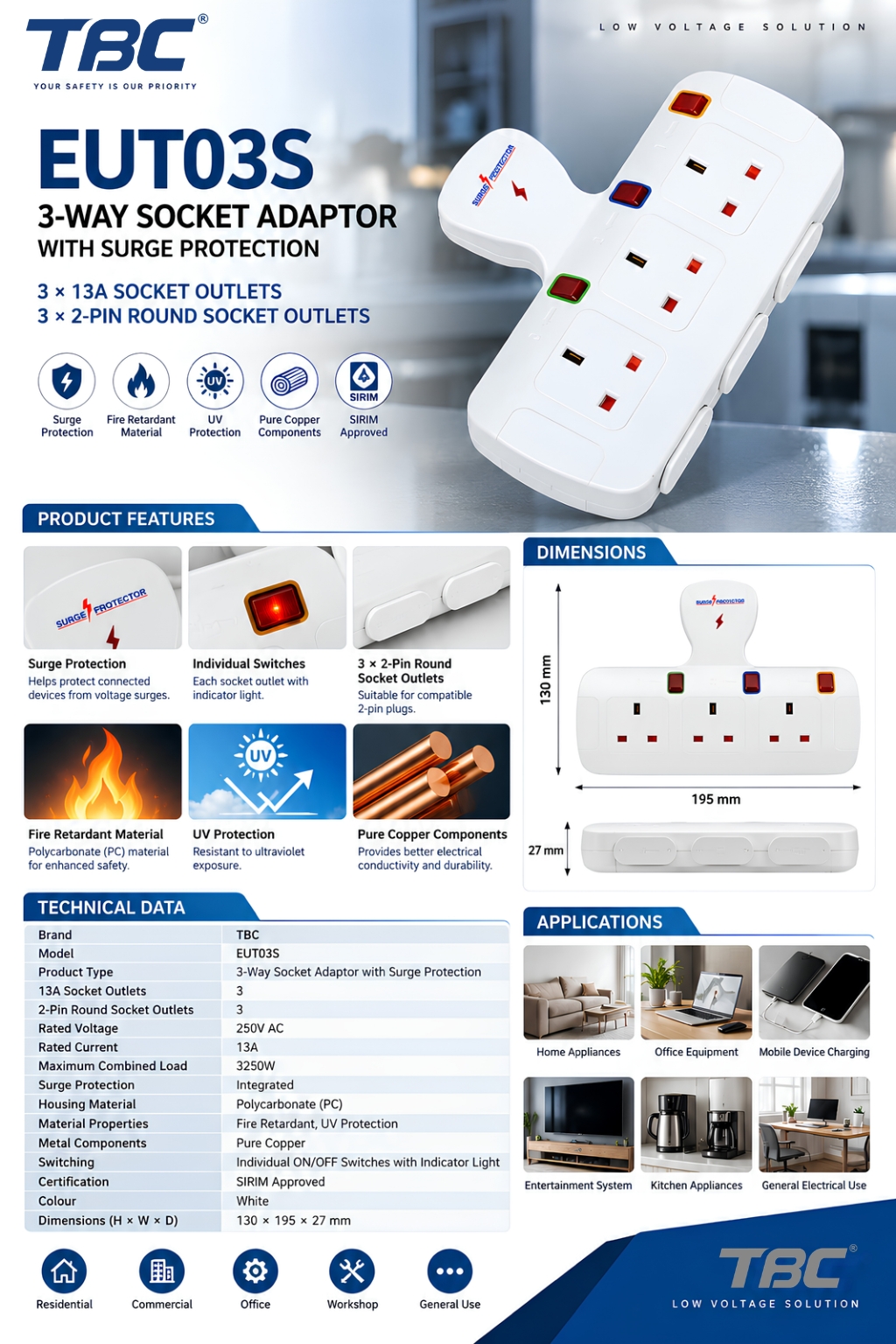 TBC EUT03S 3-Way Socket Adaptor with Surge Protection (3 × 13A + 3 × 2-Pin Round Outlets)