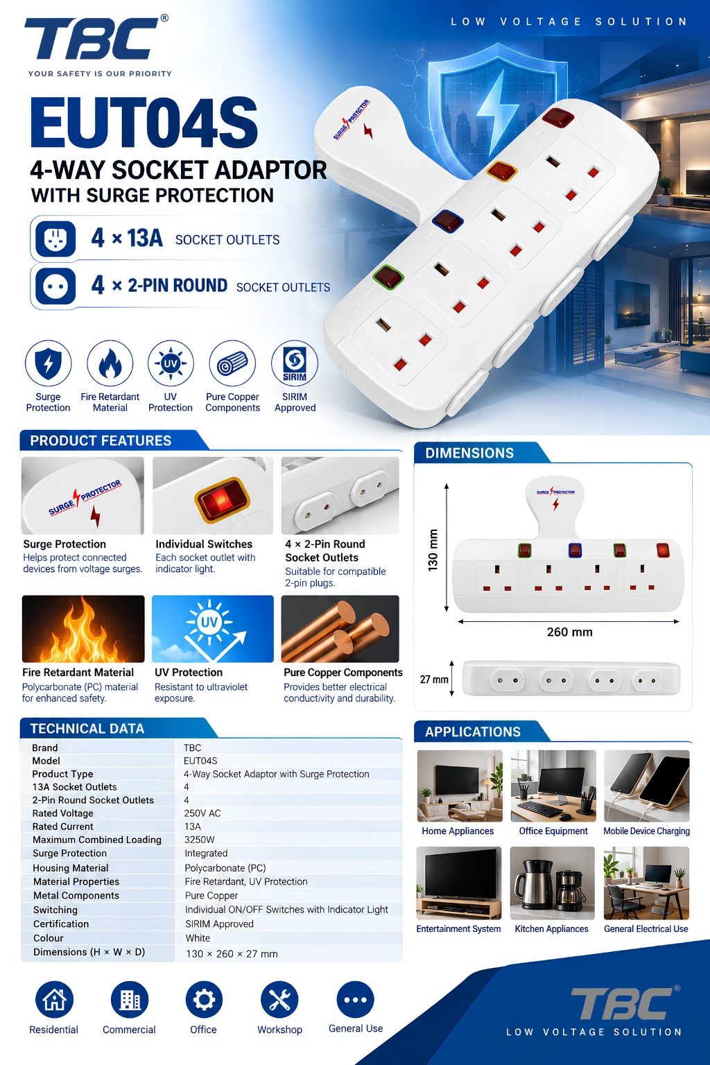 TBC EUT04S 4-Way Socket Adaptor with Surge Protection (4 × 13A + 4 × 2-Pin Round Outlets)