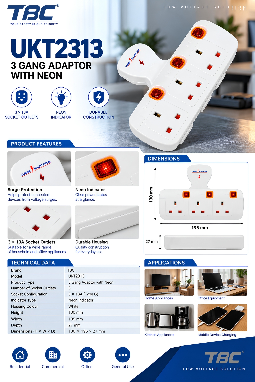 TBC UKT2313 3 Gang Adaptor with Neon Indicators