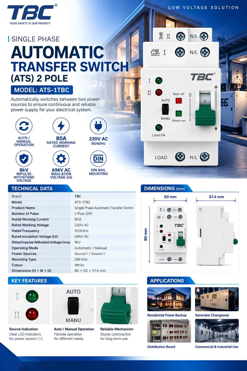 TBC 2P 80A Single Phase Automatic Transfer Switch