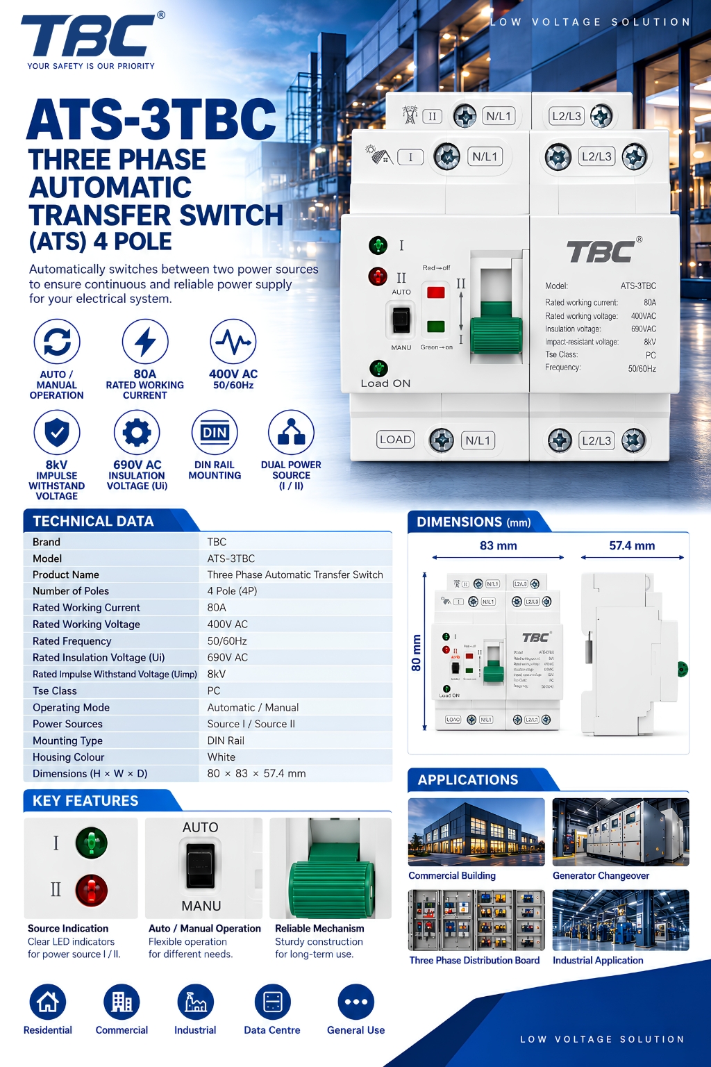 TBC 4P 80A Single Phase Automatic Transfer Switch